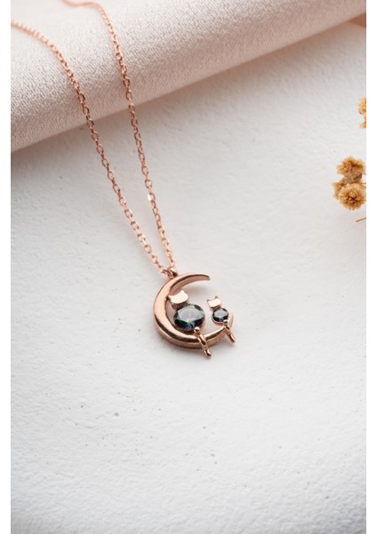 925 Ayar Gümüş Rose Kaplama Mistik Topaz Taşlı Kedili Hilal Kolye indirimleri