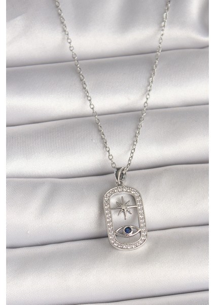 316L Çelik Gümüş Renk Zincir Zirkon Taşlı Göz Yıldız Model Kadın Kolye - Lisinya