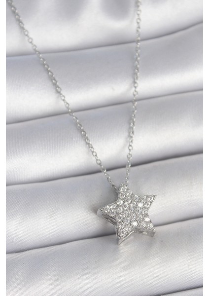 316L Çelik Gümüş Renk Zincir Zirkon Taşlı Yıldız Model Kadın Kolye - Lisinya