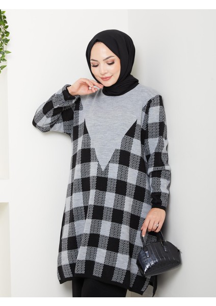 Kare Desenli Triko Tunik