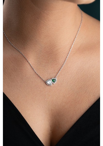 925 Ayar Gümüş Rodyum Kaplama Beyaz Yeşil Taşlı Çift Kalp Model Kolye modelleri