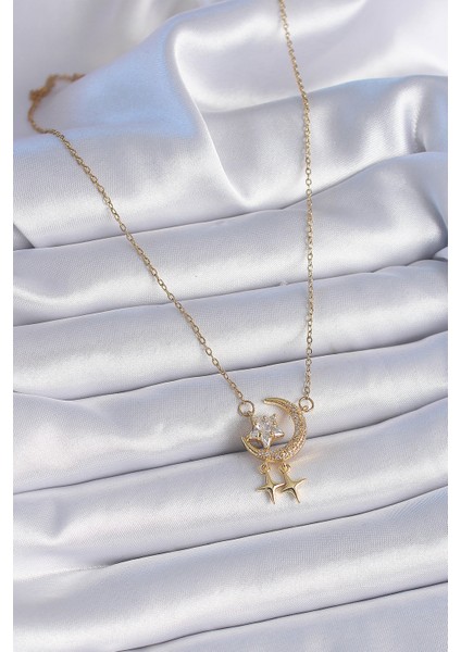 316L Çelik Zincir Gold Renk Zirkon Taşlı Hilal Model Yıldız Detay Kadın Kolye - Lisinya fiyatları