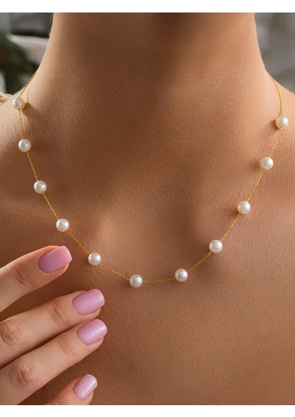 925 Ayar Gümüş Gold Kaplama Sıralı Inci Model Kolye