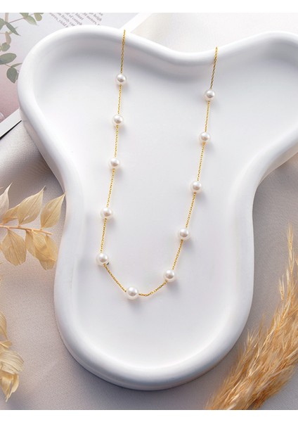 925 Ayar Gümüş Gold Kaplama Sıralı Inci Model Kolye fırsatları