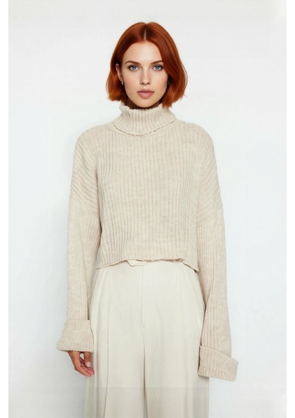Kadın Oversize Super Crop Balıkçı Yaka Kışlık Triko Kazak Uzun Kollu Rahat ve Şık Stil Kaliteli