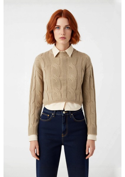 Genç Kadın Casual Tarz Triko Kazak Regular Kalıp Saç Örgü Desenli Kışlık Düşük Kol Detaylı