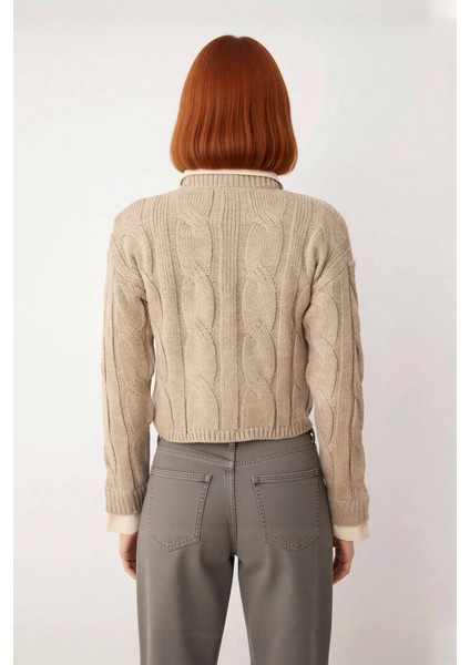 Genç Kadın Casual Tarz Triko Kazak Regular Kalıp Saç Örgü Desenli Kışlık Düşük Kol Detaylı fiyatları