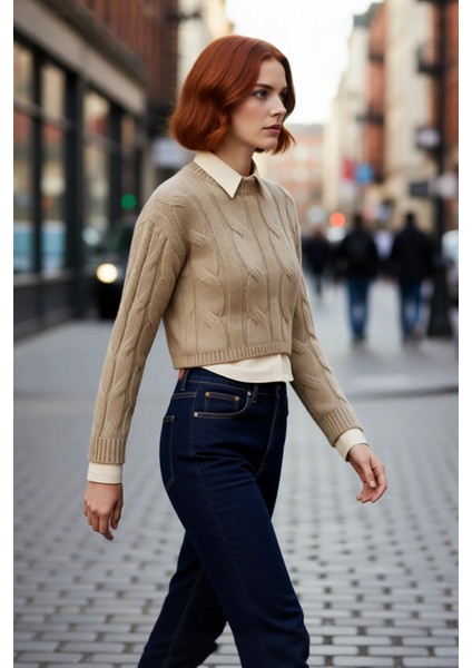 Genç Kadın Casual Tarz Triko Kazak Regular Kalıp Saç Örgü Desenli Kışlık Düşük Kol Detaylı modelleri