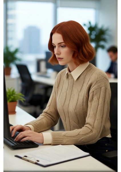 Genç Kadın Casual Tarz Triko Kazak Regular Kalıp Saç Örgü Desenli Kışlık Düşük Kol Detaylı fırsatları