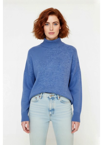 Kadın Basic Oversize Dik Yaka Triko Kazak Düşük Kol Uzun Boy Kışlık Günlük Şıklık Sunar Kaliteli