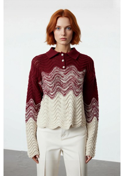 Kadın Renk Bloklu Polo Yaka Uzun Kollu Triko Kazak Basic Crop Kesim Kış Sezonu Konforu Kaliteli