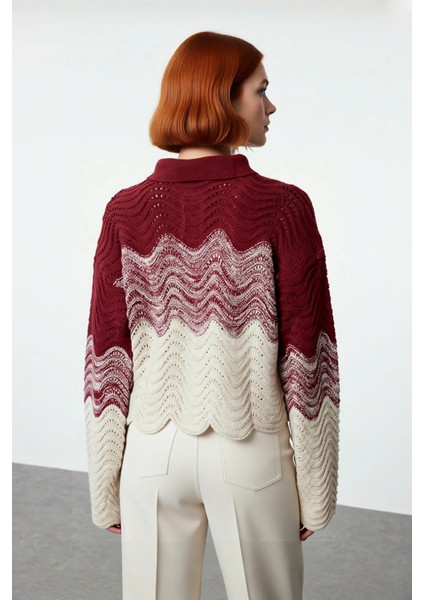 Kadın Renk Bloklu Polo Yaka Uzun Kollu Triko Kazak Basic Crop Kesim Kış Sezonu Konforu Kaliteli fiyatları