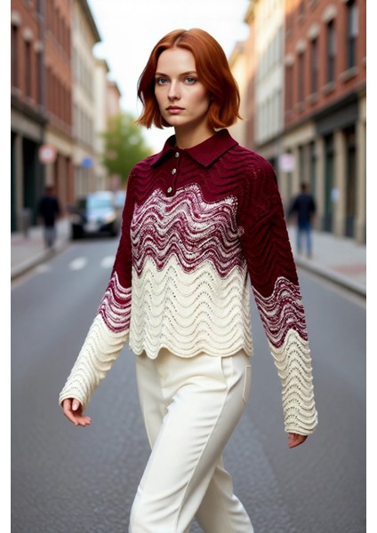 Kadın Renk Bloklu Polo Yaka Uzun Kollu Triko Kazak Basic Crop Kesim Kış Sezonu Konforu Kaliteli modelleri