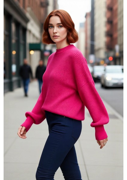 Kadın Oversize Basic Uzun Balon Kol Selanik Dokuma Triko Kazak 100% Akrilik Soğuk Havalar Kaliteli modelleri