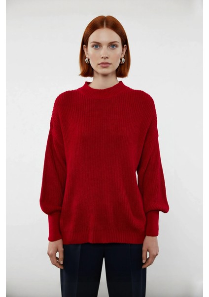 Kadın Oversize Basic Uzun Balon Kol Selanik Dokuma Triko Kazak 100% Akrilik Soğuk Havalar Kaliteli