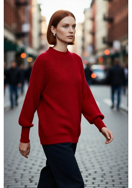 Kadın Oversize Basic Uzun Balon Kol Selanik Dokuma Triko Kazak 100% Akrilik Soğuk Havalar Kaliteli modelleri