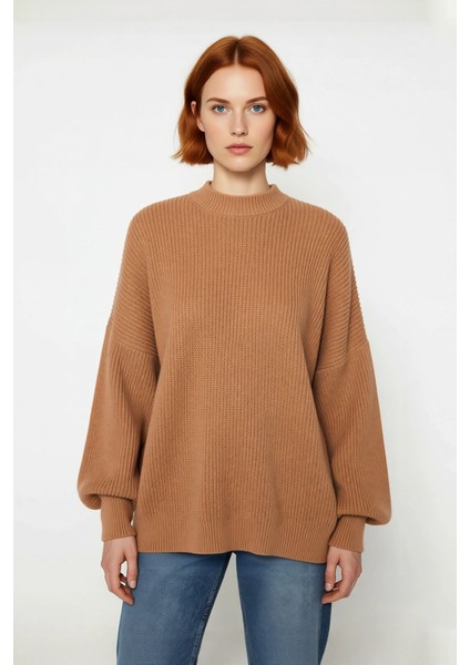 Kadın Oversize Basic Uzun Balon Kol Selanik Dokuma Triko Kazak 100% Akrilik Soğuk Havalar Kaliteli