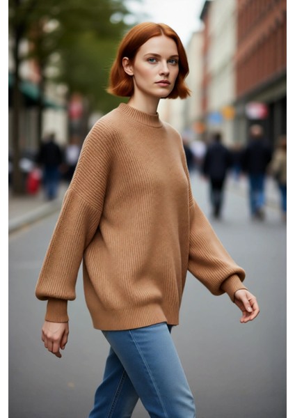 Kadın Oversize Basic Uzun Balon Kol Selanik Dokuma Triko Kazak 100% Akrilik Soğuk Havalar Kaliteli modelleri