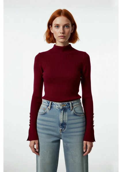 Kadınlar Için Dik Yaka Uzun Kollu Fitilli Dokuma Fitted Kesim Triko Kazak Günlük Giyim Kaliteli