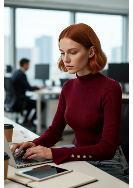 Kadınlar Için Dik Yaka Uzun Kollu Fitilli Dokuma Fitted Kesim Triko Kazak Günlük Giyim Kaliteli fırsatları