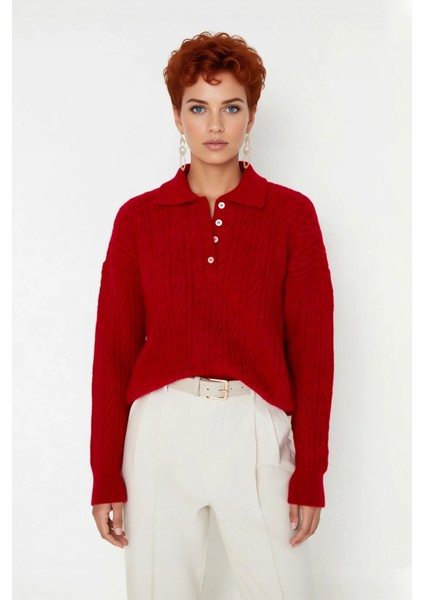 Kadın Oversize Triko Polo Yaka Saç Örgü Düşük Kollu Rahat Kışlık Basic Stil Kazak Kaliteli