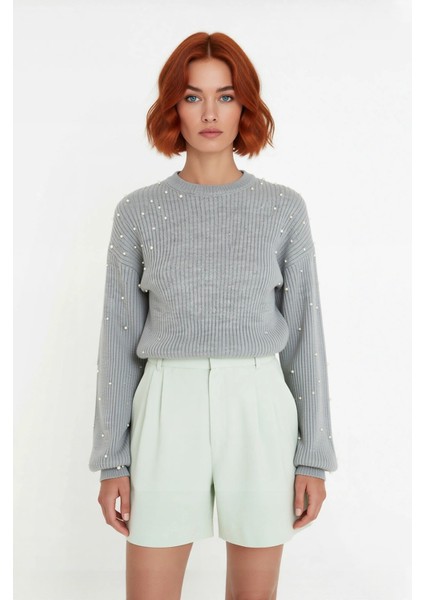 Kadın Inci Detaylı Bisiklet Yaka Regular Kalıp Düşük Kol Fitilli Triko Kazak Günlük Şıklık