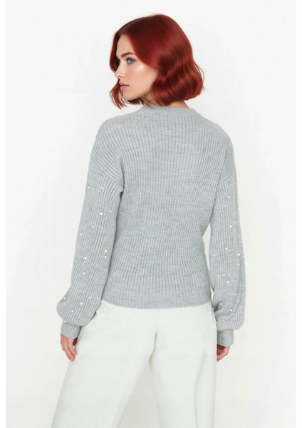 Kadın Inci Detaylı Bisiklet Yaka Regular Kalıp Düşük Kol Fitilli Triko Kazak Günlük Şıklık fiyatları