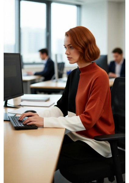 Kadın Casual Ortamlar Için Dik Yaka Renk Bloklu Standart Kol Triko Kazak Kış Şıklığı Kaliteli