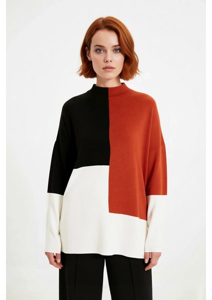 Kadın Casual Ortamlar Için Dik Yaka Renk Bloklu Standart Kol Triko Kazak Kış Şıklığı Kaliteli fiyatları