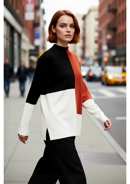 Kadın Casual Ortamlar Için Dik Yaka Renk Bloklu Standart Kol Triko Kazak Kış Şıklığı Kaliteli fırsatları