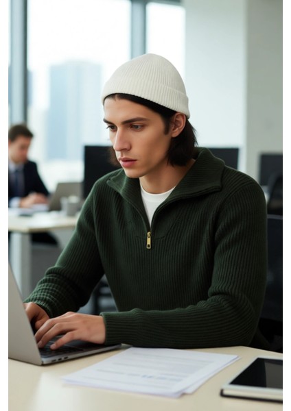 Erkek Casual Giyim Için Ideal Regular Fit Düz Desen Fermuarlı Balıkçı Yaka Kalın Triko Kazak