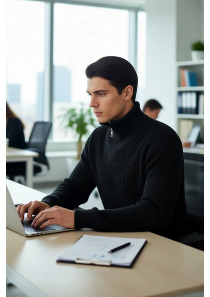 Erkek Casual Giyim Için Ideal Regular Fit Düz Desen Fermuarlı Balıkçı Yaka Kalın Triko Kazak