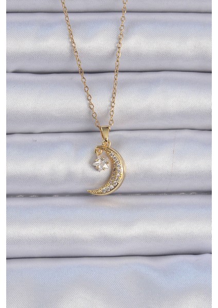 316L Çelik Zincir Altın Renk Zirkon Taşlı Sallantılı Ay Yıldız Kolye - Lisinya