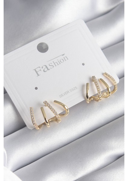 Pirinç Gümüş Renk Zirkon Taşlı Çatal Model Kadın Küpe - Lisinya