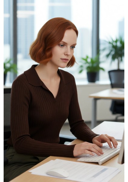 Kadınlar Için Uzun Kollu Regular Fitilli Triko Kazak Polo Yaka Detaylı Kışlık Şık Görünüm Kaliteli