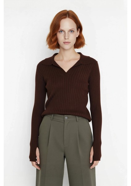 Kadınlar Için Uzun Kollu Regular Fitilli Triko Kazak Polo Yaka Detaylı Kışlık Şık Görünüm Kaliteli fiyatları