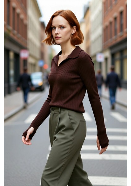 Kadınlar Için Uzun Kollu Regular Fitilli Triko Kazak Polo Yaka Detaylı Kışlık Şık Görünüm Kaliteli fırsatları