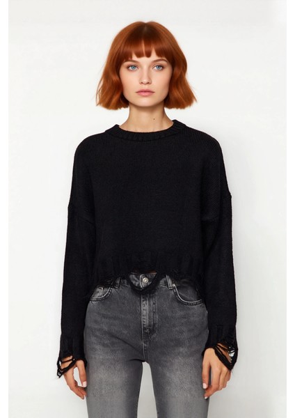 Kadın Casual Crop Oversize Bisiklet Yaka Triko Kazak Düşük Kol Akıtma Detaylı Konforlu Şık