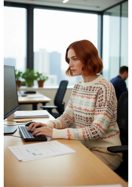 Kadınlara Özel Etnik Desenli Oversize Kalıp Düşük Kol Triko Kazak Kış Aylarının Vazgeçilmezi fırsatları