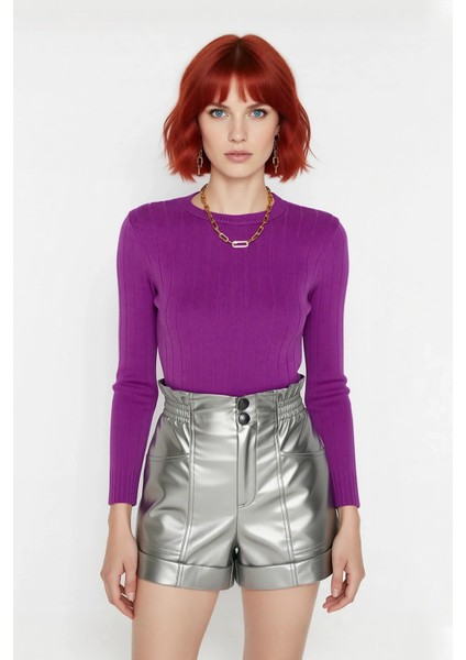 Kadın Basic Fitted Bisiklet Yaka Uzun Kollu Triko Kazak Ilkbahar Sonbahar Günlük Stilin Anahtarı