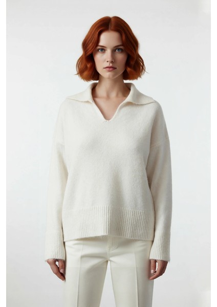 Kadınlar Için Kışlık Oversize Basic Triko Kazak Polo Yaka Düşük Kol Yumuşak Dokusuyla Konfor Sunar