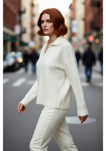 Kadınlar Için Kışlık Oversize Basic Triko Kazak Polo Yaka Düşük Kol Yumuşak Dokusuyla Konfor Sunar modelleri