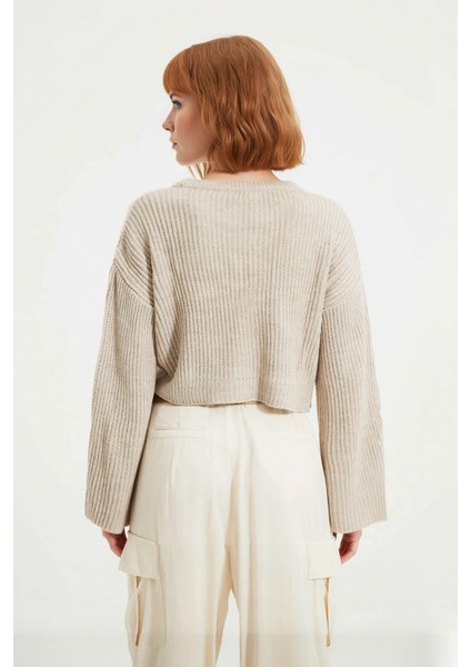 Kadın Gri Oversize Selanik Dokuma Bisiklet Yaka Ispanyol Kol Crop Akrilik Triko Kazak Kaliteli modelleri