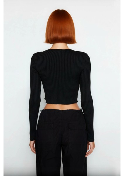 Kadın Şık Fitted Super Crop Uzun Kollu Bisiklet Yaka Triko Bluz Fitilli Dokulu Yanları Yırtmaçlı modelleri