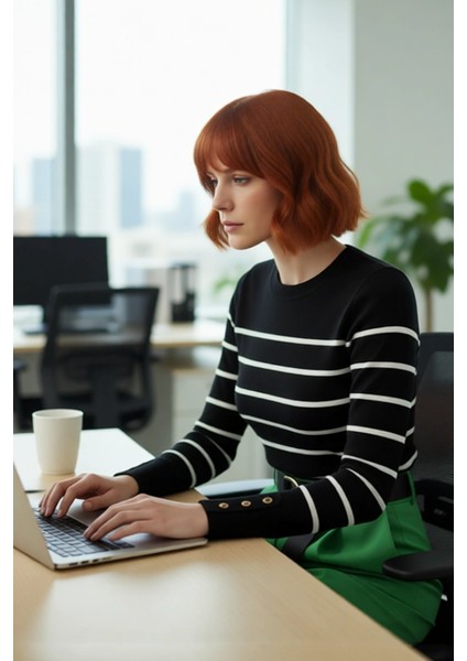 Kadın Modern Ekru Çizgili Bisiklet Yaka Fitted Kesim Triko Kazak Ilkbahar Sonbahar Konforu