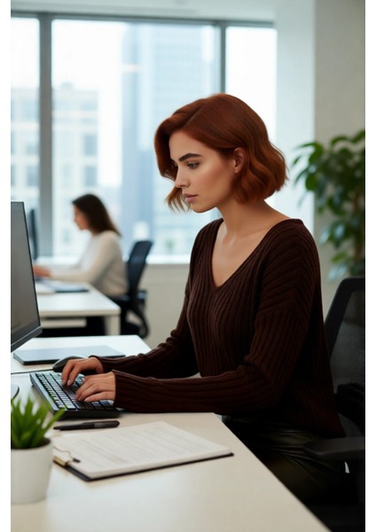 Kadın Basic V Yaka Geniş Kalıp Uzun Kollu Yünlü Triko Kazak Fitilli Dokusuyla Gün Boyu Konfor Sunar