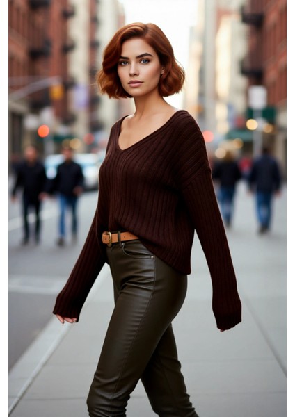 Kadın Basic V Yaka Geniş Kalıp Uzun Kollu Yünlü Triko Kazak Fitilli Dokusuyla Gün Boyu Konfor Sunar fırsatları