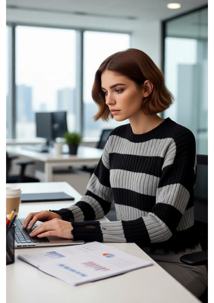 Kadın Modern Bisiklet Yaka Çizgili Akrilik Triko Crop Kazak Akıtma Detaylı Şık Kombinler Kaliteli