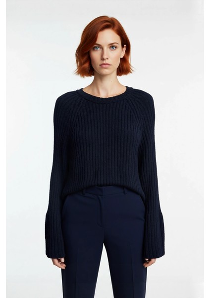 Kadınlara Özel Regular Kalıp Bisiklet Yaka Triko Kazak Reglan Kol Uzun Kollu Peplum Detayı