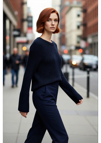 Kadınlara Özel Regular Kalıp Bisiklet Yaka Triko Kazak Reglan Kol Uzun Kollu Peplum Detayı modelleri